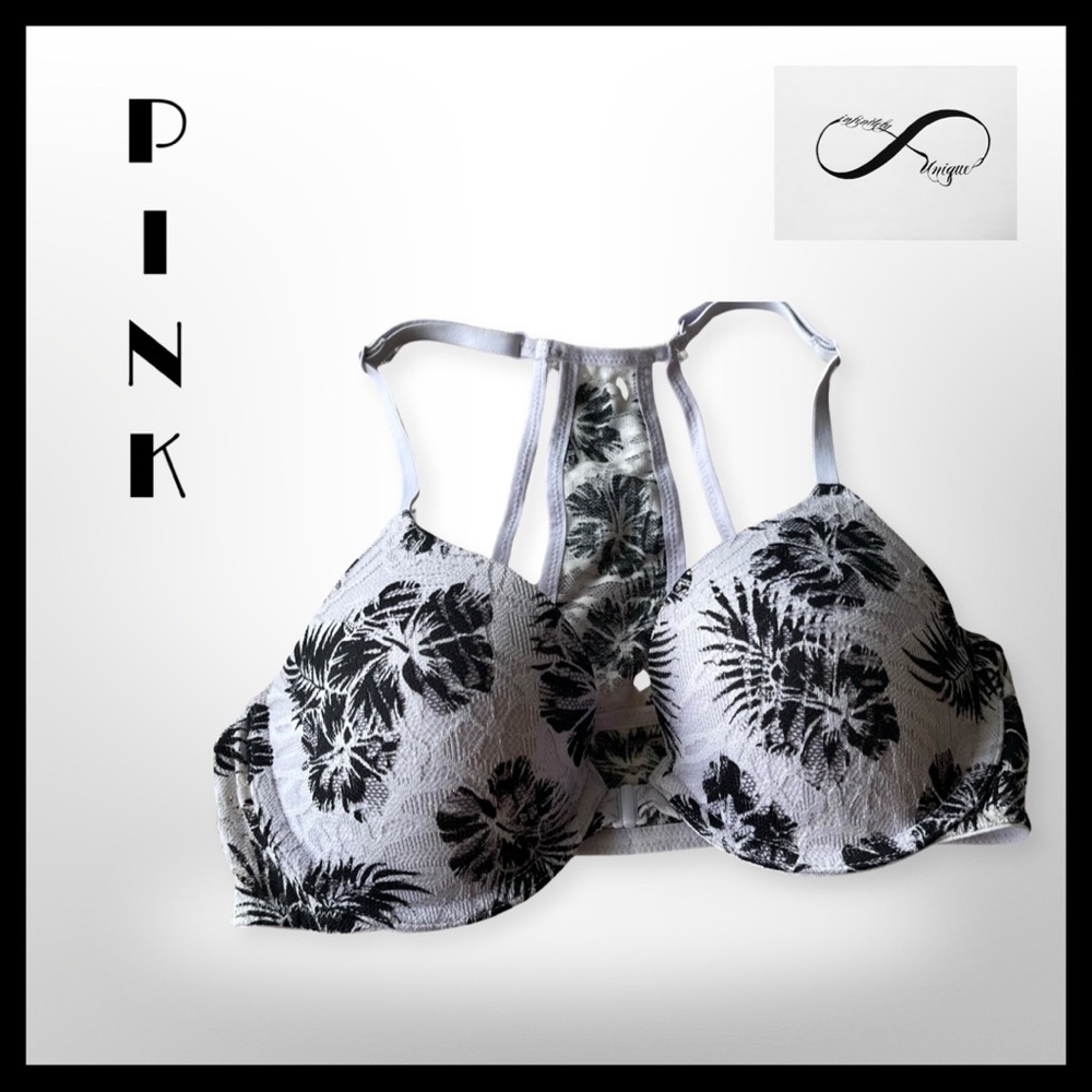 PINK Lightly Lined black/white lace bra-32C
